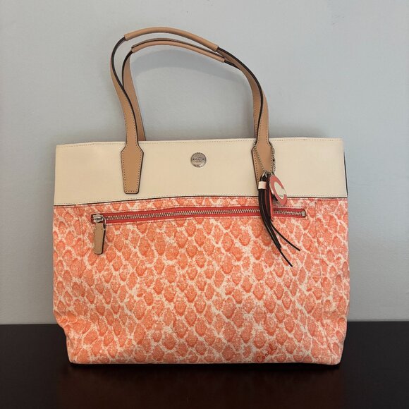 Coach Resort Coral Pink Canvas Snake Print Cream Tan Leather Tote - Picture 1 of 13